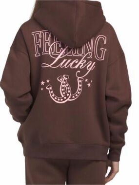 Women's Brown Graphic Hoodie with Pink 'Feeling Lucky' Design